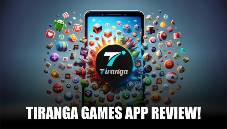 tiranga games app review poster featuring a phone, the game and its features