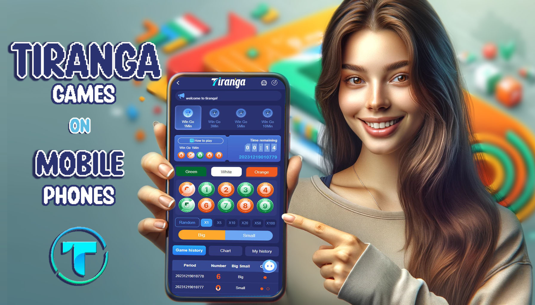 an image of a woman showing the mobile interface of tiranga games on mobile