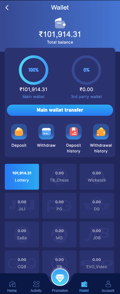 a screenshot image of tiranga games checking total balance for sufficient for withdrawals